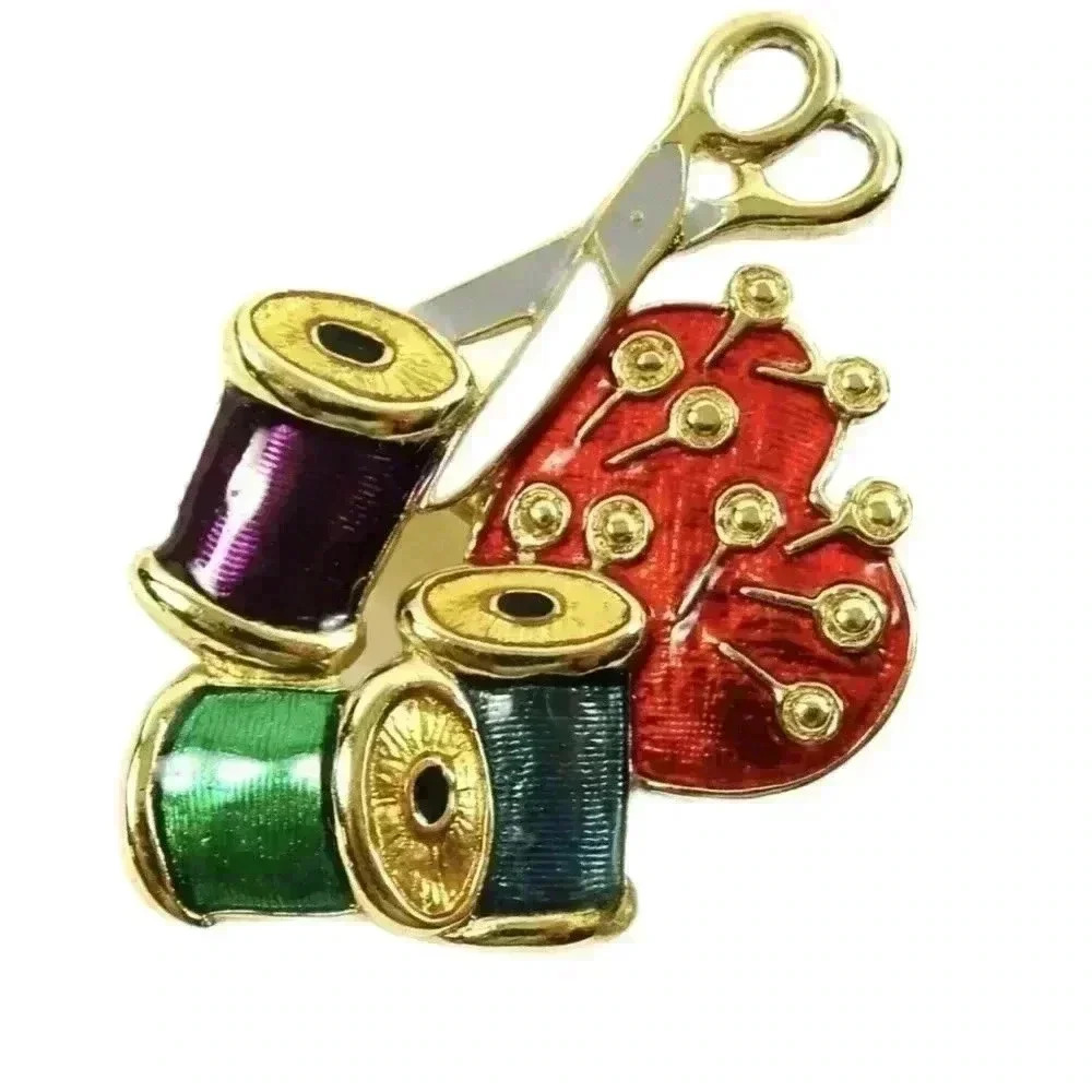 Crown and Fish Enamel Brooch Pin Sewing Notions Needles Thread Scissors